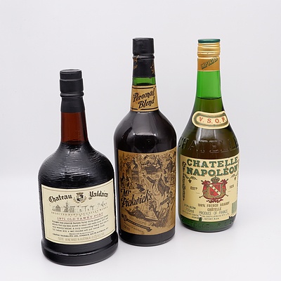 Chateau Yaldara 1971 Tawny Port 750ml, Chatelle Napoleon French Brandy 750ml and Mr Pickwick's Particular Port 738ml