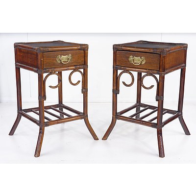 Pair of Vintage Asian Bamboo and Hardwood Bedside Tables with Brass Tables