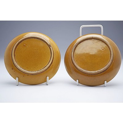 Pair of Chinese Soft Paste Yellow Glaze Saucer Dishes with Stamped Dragon Decoration, Late Qing