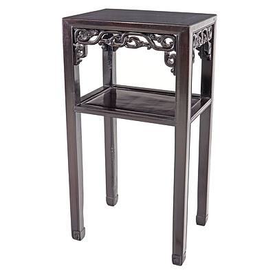 Pair of Antique Chinese Stained Hardwood Armchairs Carved with Bats and Shou Symbols with Companion Side Table