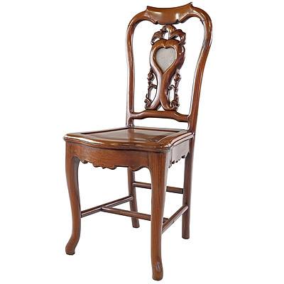 Antique Chinese Hongmu and Marble Side Chair with Relief Carved Bat