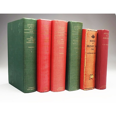 Six Hard Cover Various Military Books, Including C. E. W. Bean, Anzac to Amiens, Published by The Australian War Memorial,1961 The Manual of Military Law, Issued by the Military Board, 1941