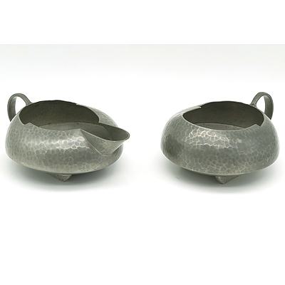 Liberty and Co Tudric Pewter Sugar Bowl and Creamer Designed by Archibald Knox Circa 1905
