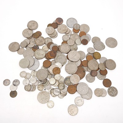 Group of Australian and International Coins, Including Three Pence, Australian 1954 Florin, 1966 Two Shilling, 1968 10 Pence and More