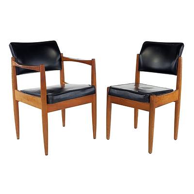 Set of Five Vintage Vinyl Upholstered Teak Dining Chairs Including One Carver