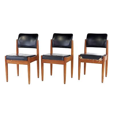Set of Five Vintage Vinyl Upholstered Teak Dining Chairs Including One Carver