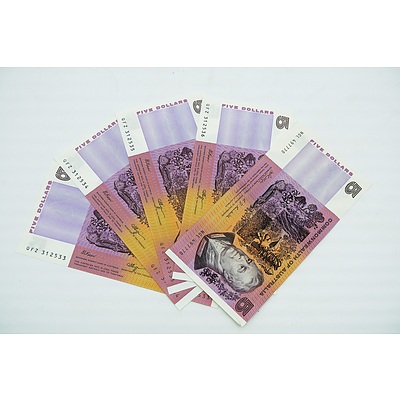 Four Consecutively Numbered $5 Fraser/Higgins Paper Notes QFZ312533-QFZ312536 and Another $5 Phillips/Randall Note NGL497770