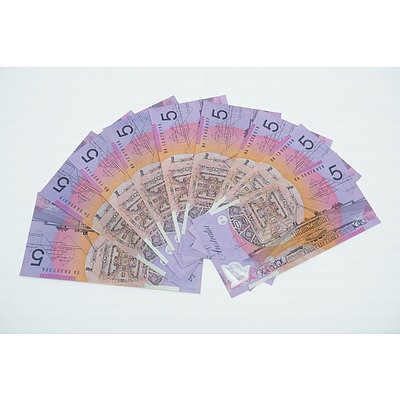 Nine Various First and Last Prefix $5 Notes, Including 2008, 2012 and 2013