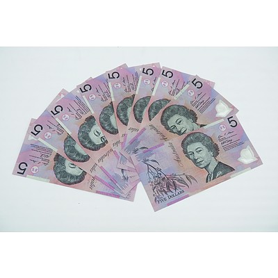 Nine Various First and Last Prefix $5 Notes, Including 2008, 2012 and 2013