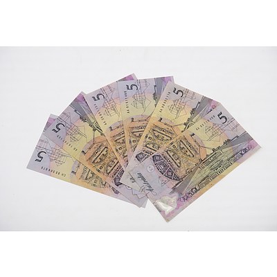 Six 1992-1993 $5 Polymer Notes with Dark Green Serial Numbers, Includes Four First Prefix Notes