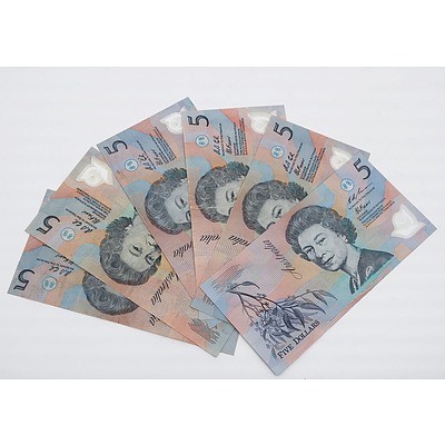 Six 1992-1993 $5 Polymer Notes with Dark Green Serial Numbers, Includes Four First Prefix Notes