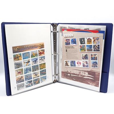 Folder of USA Stamp Sheets, Including The World of Dinosaurs, 1995 Endangered Species, 1996 Classic American Aircraft and More