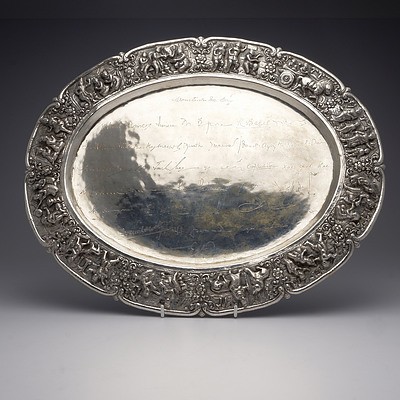 Large Burmese 950 Silver Tray With Twenty Five Engraved Signatures and Heavily Repousse Border, 1018g