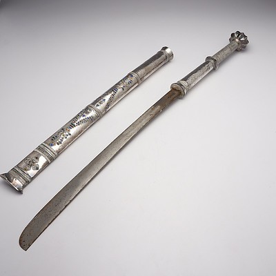 Burmese Silver Cased Sword with Enamel Decoration