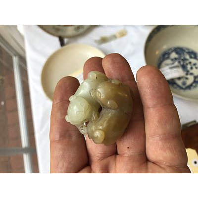 Chinese Carved Two Tone Mutton Fat and Light Brown Jade Intertwined Cats on Carved Hardwood Stand, Late Qing