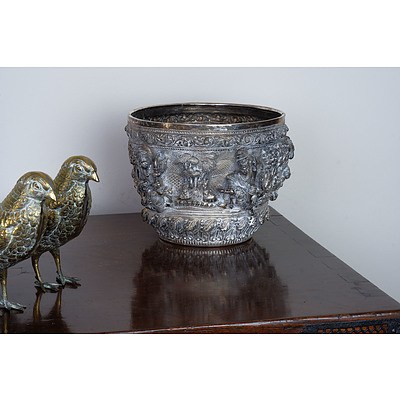 Burmese Silver Ceremonial Bowl with Heavy Repousse Decoration, 972g