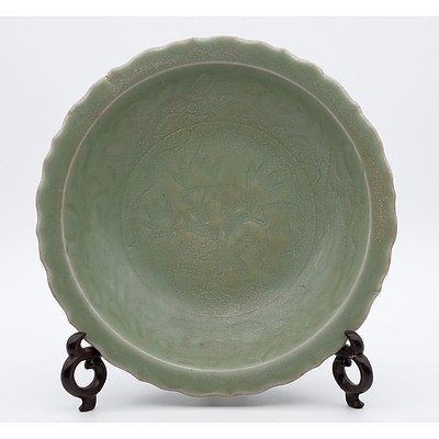 Chinese Longquan Celadon Foliate Rim Dish Incised with Peony, Ming Dynasty or Later