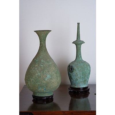Korean Bronze Kundika and Bottle Vase, Possibly Koryo Goryeo Dynasty 10th/11th Century