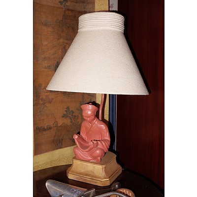 Vintage Amercian Art Deco Figural Ceramic Mandarin Table Lamp with Suede Shade