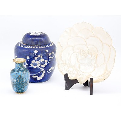 Chinese Blue and White Ginger Jar, Cloisonne Vase and Carved Shell Flower