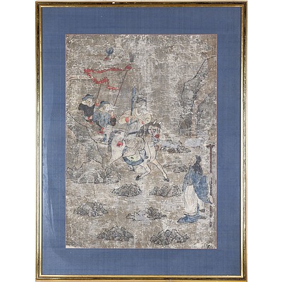 Korean Painting of a Mounted Signal Party Approaching a Sage, Gouache and Ink on Paper, 19th Century or Earlier