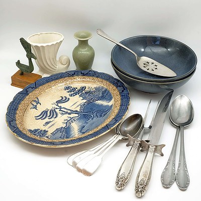 Large Group of Kitchen Wares, Including Antique Willow Serving Dish, Silver Plate Flatware and More