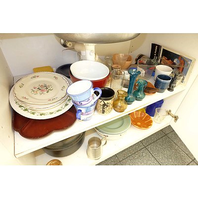 Large Group of Kitchen Wares, Including Antique Willow Serving Dish, Silver Plate Flatware and More