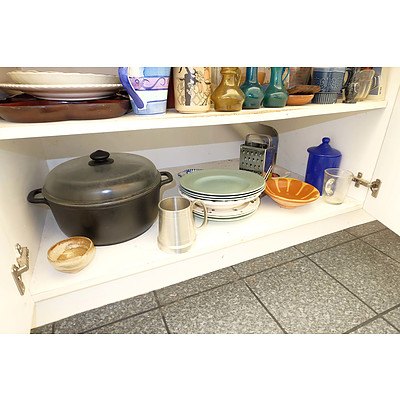 Large Group of Kitchen Wares, Including Antique Willow Serving Dish, Silver Plate Flatware and More