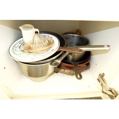 Large Group of Kitchen Wares, Including Antique Willow Serving Dish, Silver Plate Flatware and More