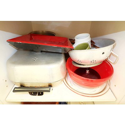 Large Group of Kitchen Wares, Including Antique Willow Serving Dish, Silver Plate Flatware and More