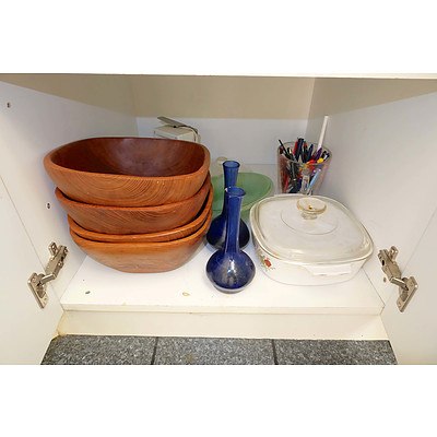 Large Group of Kitchen Wares, Including Antique Willow Serving Dish, Silver Plate Flatware and More