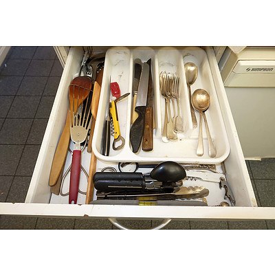 Large Group of Kitchen Wares, Including Antique Willow Serving Dish, Silver Plate Flatware and More