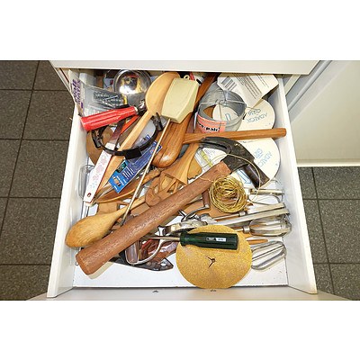 Large Group of Kitchen Wares, Including Antique Willow Serving Dish, Silver Plate Flatware and More