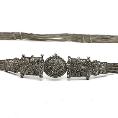Indian Silver Belt with Repousse Buckle and Seven Braided Silver Wires Forming the Belt, 385g
