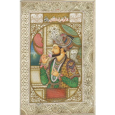 Indian Miniature Paintings, Finely Drawn Portraits of Shah Jahan and Mumtaz Mahal, Gouache and Ink on Paper, Calligraphy Verso, Probably 20th Century