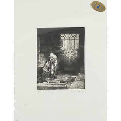 Three Contemporary Hand Pulled Copper Prints and Reproduction Engraving of Rembrandts Self Portrait