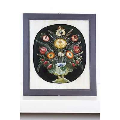 Antique Italian Reverse Glass Painting of a Vase with Flowers