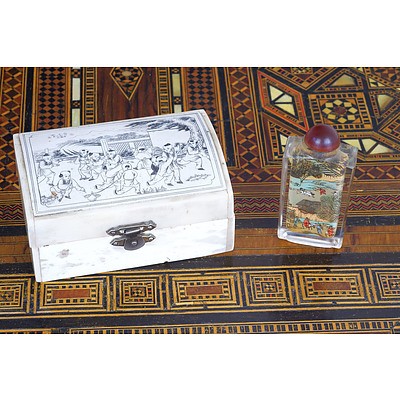 Chinese Engraved Bone Box and a Inside Painted Snuff Bottle