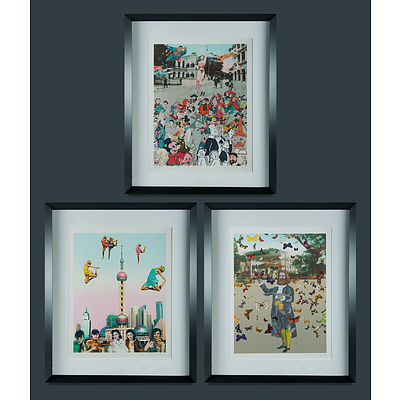 Peter Blake (British b.1932) The Far East Suite, 2013. 'Dancing Over Shanghai’, 'The Convention of Comic Book Characters Comes to Hong Kong’ & 'The Butterfly Man at Raffles Hotel' Silkscreens (3) Edition 56/100