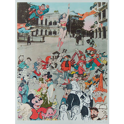 Peter Blake (British b.1932) The Far East Suite, 2013. 'Dancing Over Shanghai’, 'The Convention of Comic Book Characters Comes to Hong Kong’ & 'The Butterfly Man at Raffles Hotel' Silkscreens (3) Edition 56/100