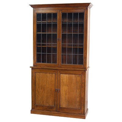 Antique Oak Two Piece Bookcase with Leaded Glass Panes Circa 1900
