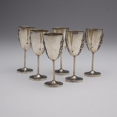 Set of Six Thai Sterling Silver Liqueur Goblets, 312 Grams