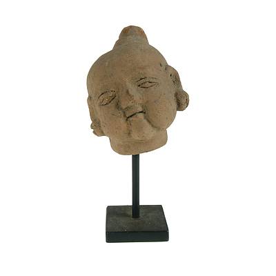 South East Asian Terracotta Buddha Head On Display Stand
