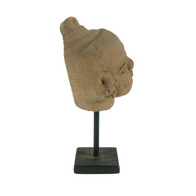 South East Asian Terracotta Buddha Head On Display Stand