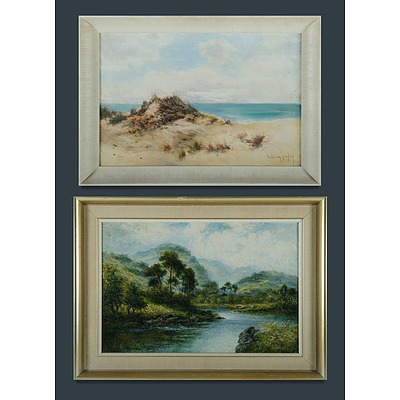 LANGLEY William (b.1929) Two Works, River Valley with Cattle & Seaside Landscape