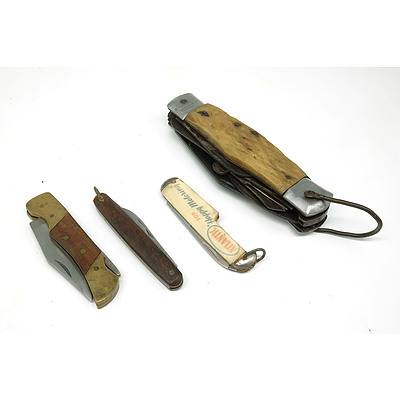 Four Vintage Pocket Knives, Including Atlantic Promotional Knife, Horn Handled Knife and More