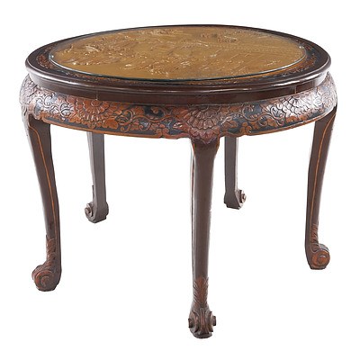 Oriental Carved Timber Tea Table with Five Nesting Stools and Protective Glass Top