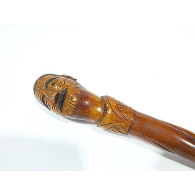 Maori Themed Wooden Walking Stick with Brass Tip