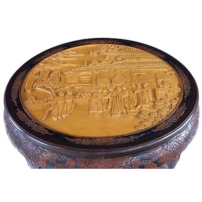 Oriental Carved Timber Tea Table with Five Nesting Stools and Protective Glass Top