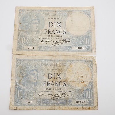 1940 and 1941 WW2 Ten French Francs Nazi Germany Occupation Banknotes